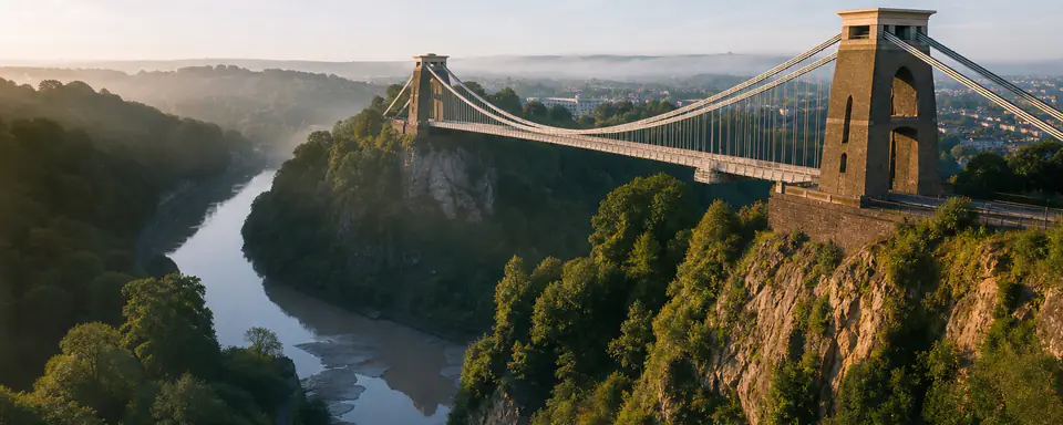 Illustrated panoramic view representing Bristol, United Kingdom, in natural weather light